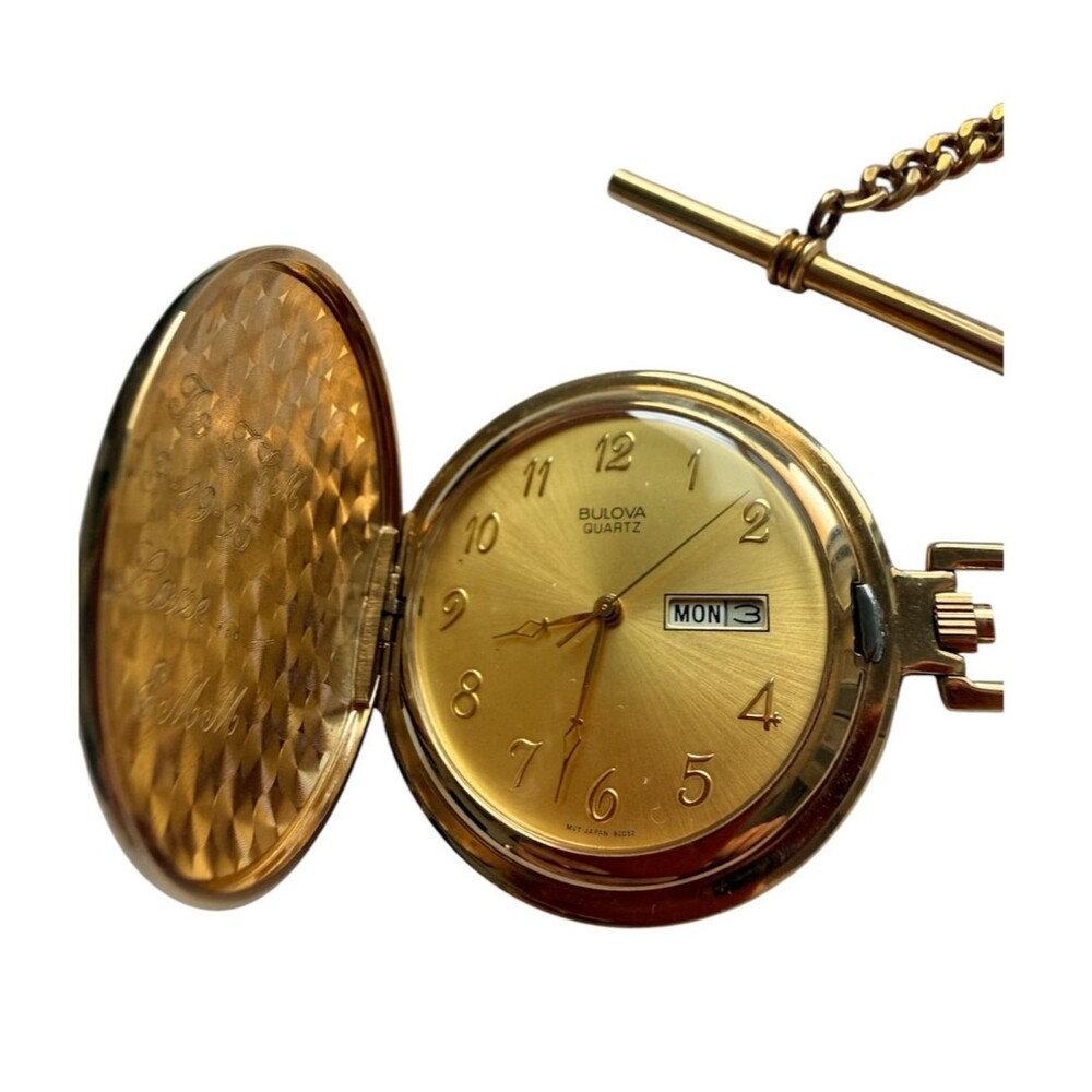 Vintage 1980s Bulova Quartz Hunting Case Pocket Watch Gold Tone Day Date Chain